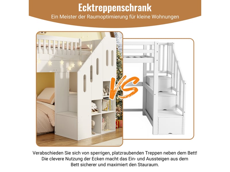  Lit superposé 90x200 cm - éclairage led - grand rangement - barrière de sécurité - avec toboggan - sommier à lattes - pin - gain de place - blanc CozyNest - Conforama E