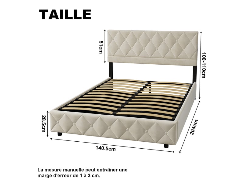  Lit double 140x200 cm avec tête de lit rembourrée beige homvra  - Conforama B