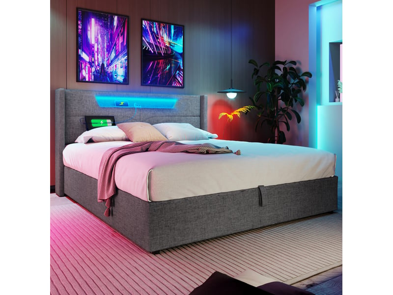  Lit double 160x200 cm avec éclairage led, ports usb et type-c, rangement, gris, avec matelas  - Conforama E