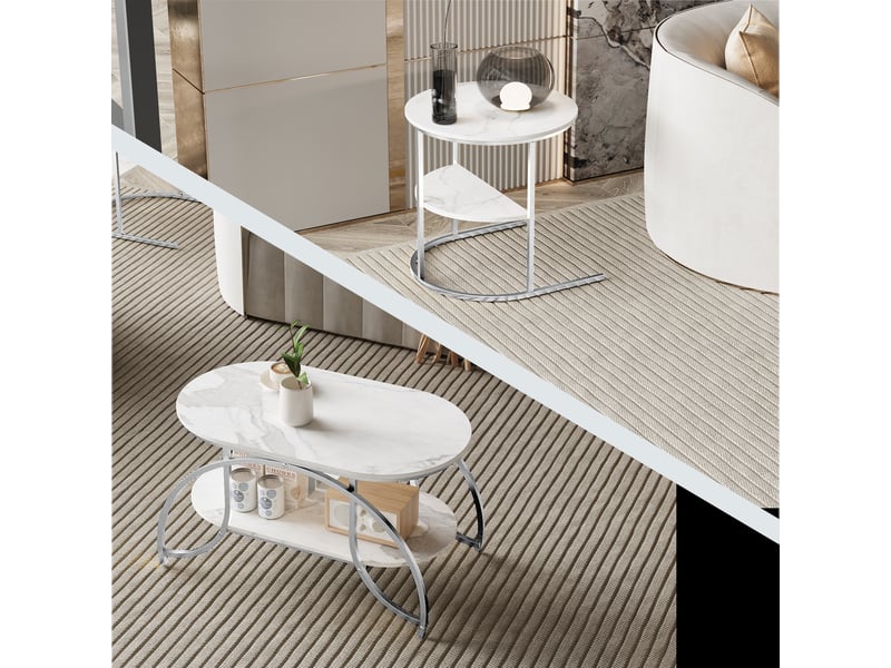  Ensemble table d'appoint, lot de 2 table basse avec rangement, petit table gigogne haute brillance moderne, pour salon,balcon et bureau  - Conforama E