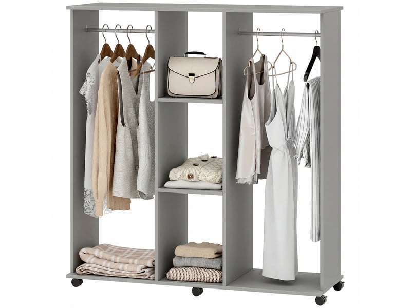  Armoire penderie dressing mobile aosenyunzhou en bois gris avec 6 roulettes 2 barres et 3 étagères 120x40x128 cm T1003-01-18071 - Conforama C