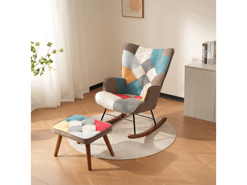  Fauteuil à bascule avec repose-pieds patchwork coloré pieds bois  - Conforama E