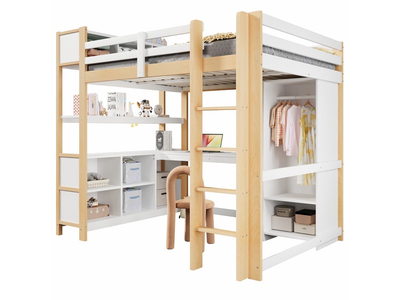  Lit mezzanine 140x200 cm avec bureau, rangements et armoire blanc et naturel  - Conforama A