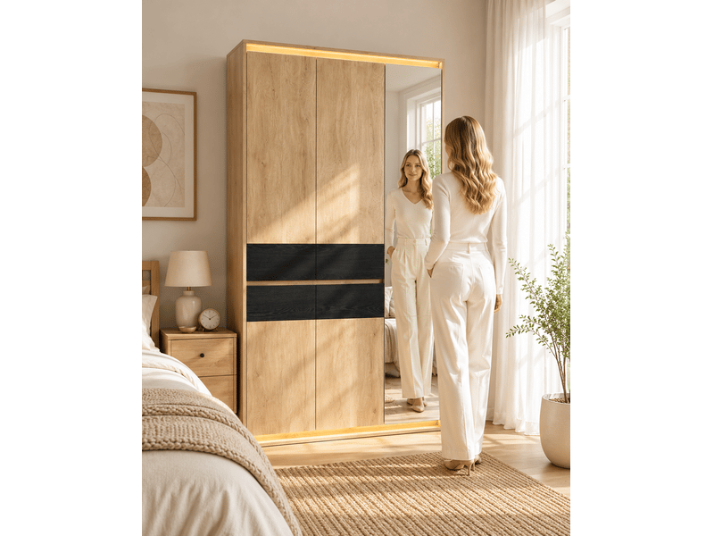  Armoire 4 portes avec miroir, led, 2 penderies et 4 tiroirs, 110 × 47 × 200 cm, effet chêne  - Conforama D