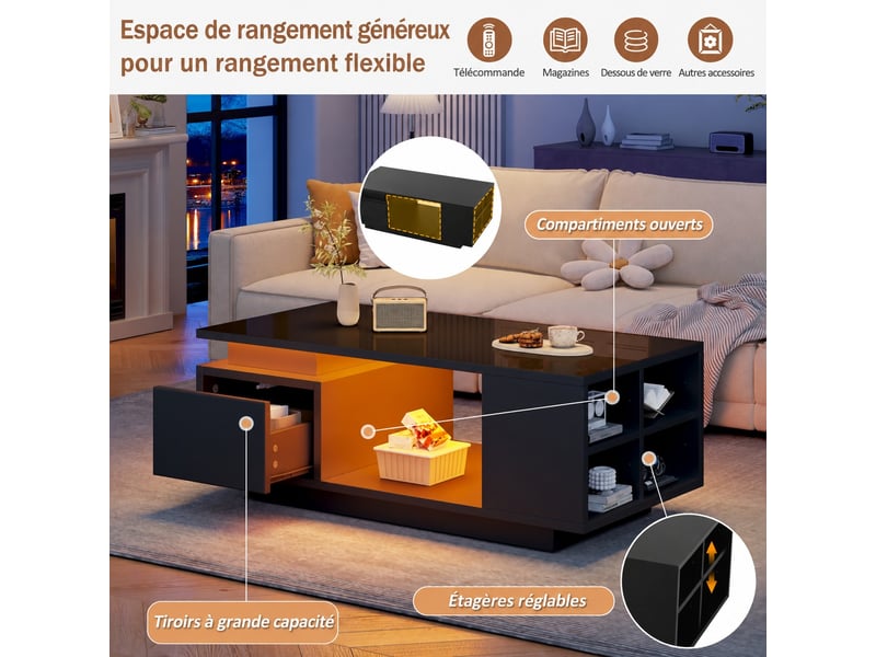 Table basse salon noir brillant avec led, tiroir espace de rangement et 4 compartiments, 100x50x36cm  - Conforama D
