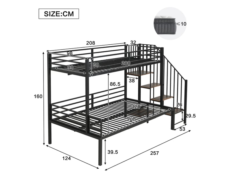  Lit superposé 90x200 cm et 120x200 cm en métal avec échelle d'angle, rangement intégré et garde-corps sécurisé - noir  - Conforama C