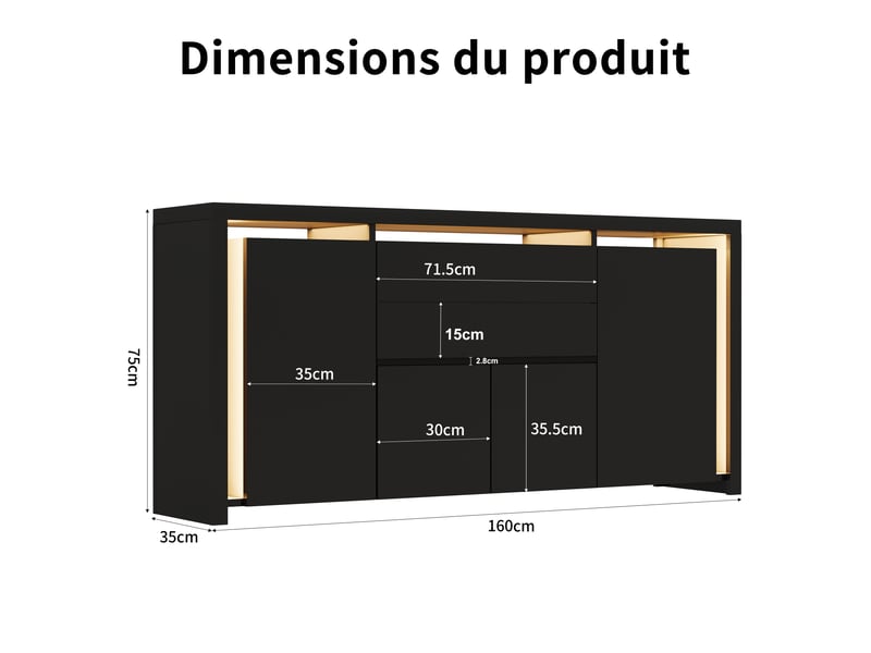  Buffet cuisine avec éclairage led, armoire de rangement avec 4 portes 2 tiroirs, buffet salon meuble salle à manger, 160 x 35 x 75 cm  - Conforama C