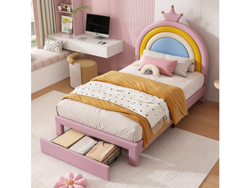  Lit enfant rembourré 90x200 cm avec tiroir et tête de lit réglable, rose, sans matelas  - Conforama W
