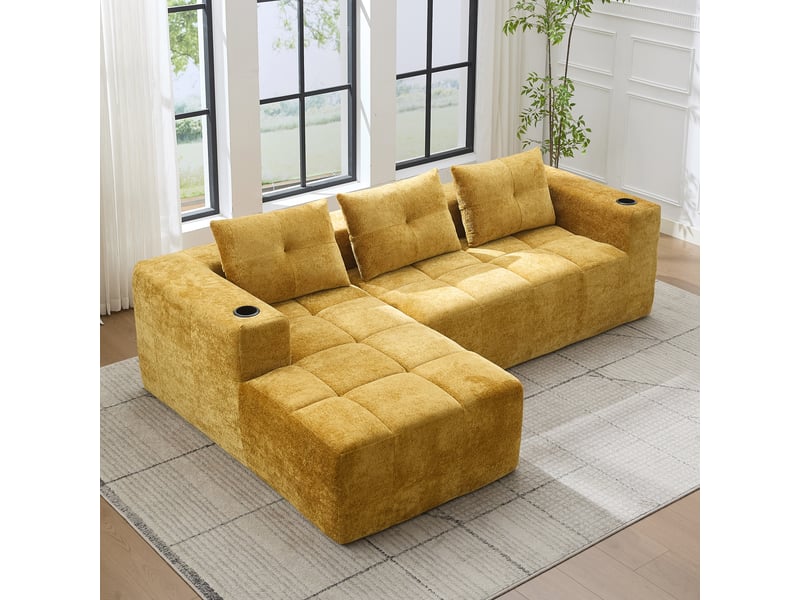  Canapé d'angle 258 cm avec porte-gobelets, 3 coussins, assise profonde confortable  - Conforama R