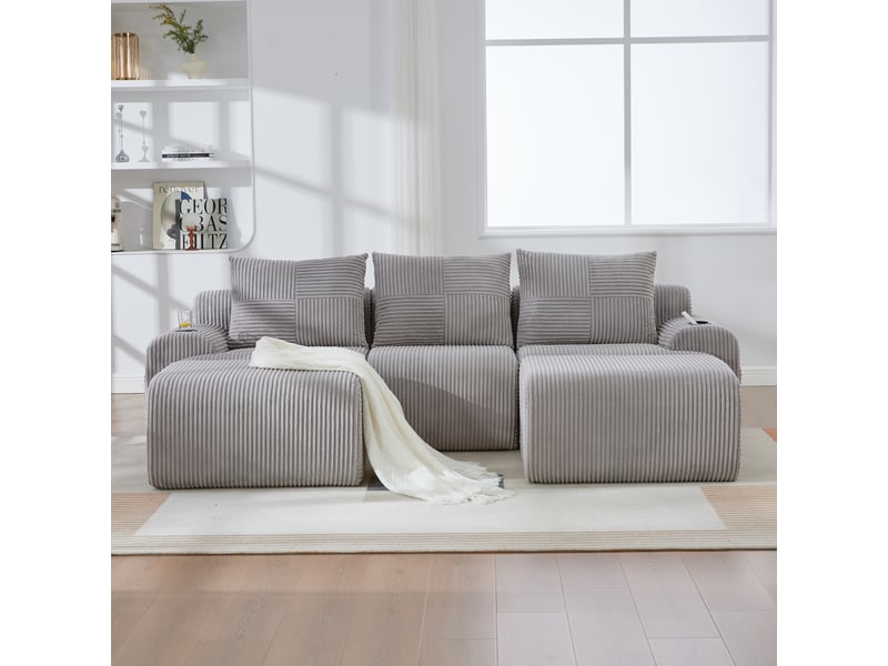  Canapé d'angle panoramique fixe 3 places tissu gris clair  - Conforama D