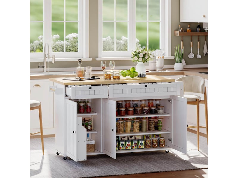  Îlot de cuisine 137 x 70 cm avec plateau rabattable, 6 roulettes verrouillables, blanc  - Conforama D
