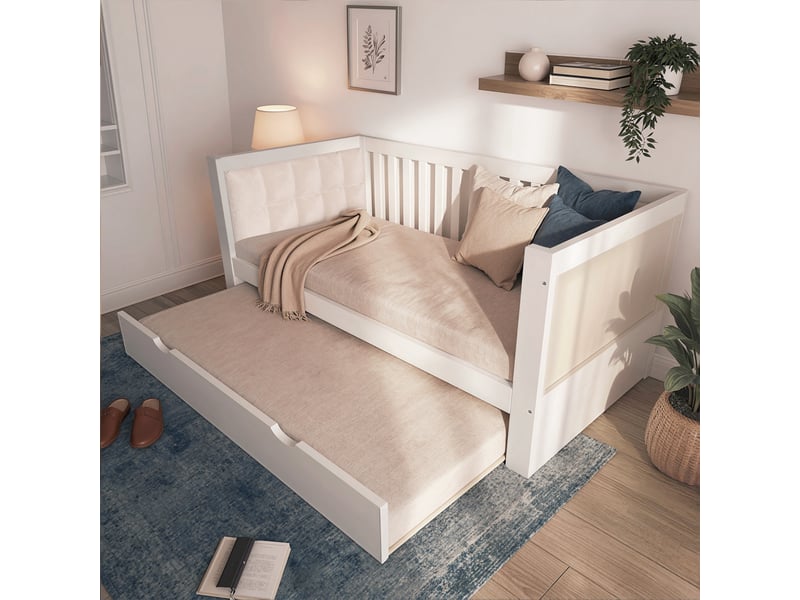  Lit banquette gigogne 90x190 cm en bois, lit avec couchage d'appoint 90x190, sommier à lattes, gain de place, sans matelas - blanc  - Conforama B