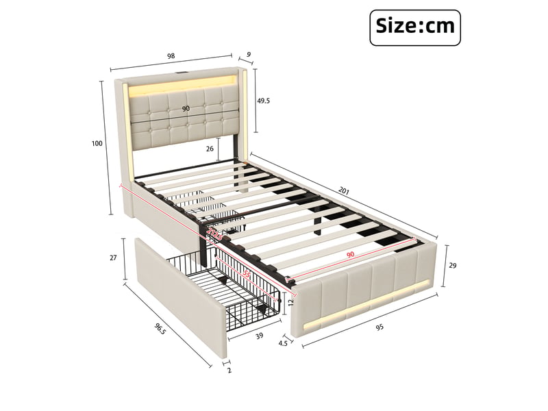 Dreammespace lit simple 90x200 cm avec 2 tiroirs et prises usb type-c éclairage led sommier à lattes chambre tissu lin beige DreamMespace - Conforama E