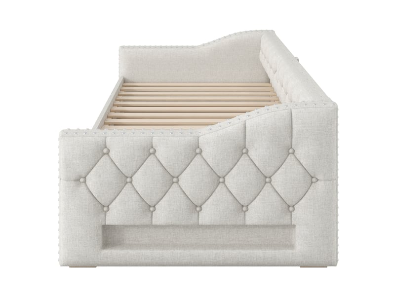Lit enfant 90x200cm lit gigogne avec 3 tiroirs led 7 couleurs, design minimaliste, lin beige, sans matelas - Conforama R