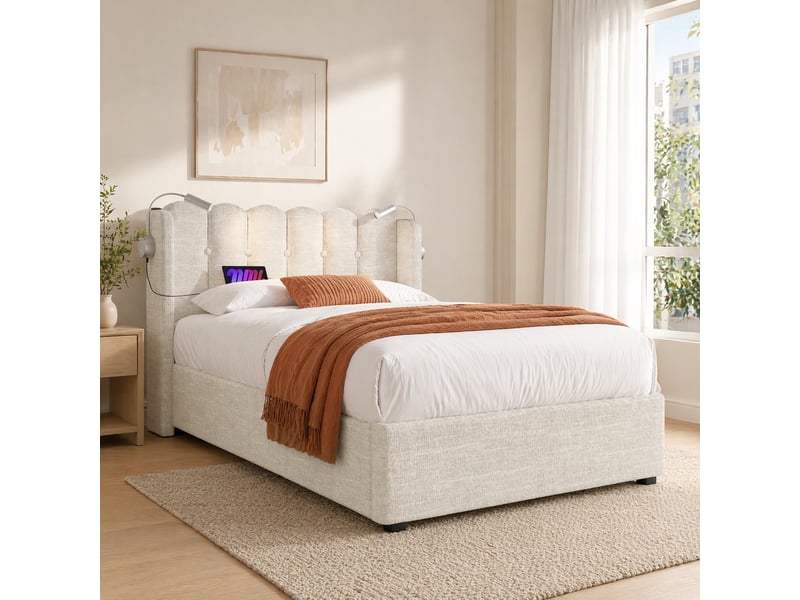 Lit coffre 1 place 90x200 cm avec liseuses usb et sommier en tissu - Conforama D