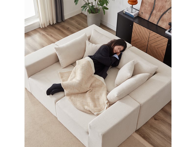  Canapé d'angle compressée en l en velours côtelé,264x167x71cm,canapé modulaire 4 pièces en mousse,sans montage,beige  - Conforama R