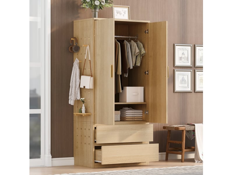  Armoire multifonctionnelle 70x50x170 cm avec 2 portes et 2 tiroirs de rangement en mdf, aspect bois, design naturel  - Conforama B