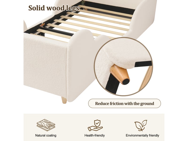 Lit enfant 90x200 cm rembourré avec barrière de sécurité, veilleuse led, port usb et rangements, pieds en bois massif, bouclette, beige OPULERANE TRADING LTD - Conforama E