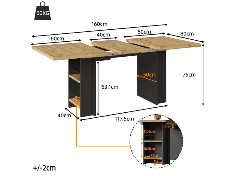  Table à manger extensible, 120x80x75 cm, rallonge intérieure, repas, salle à manger, mdf et bois, coloris bois naturel  - Conforama C