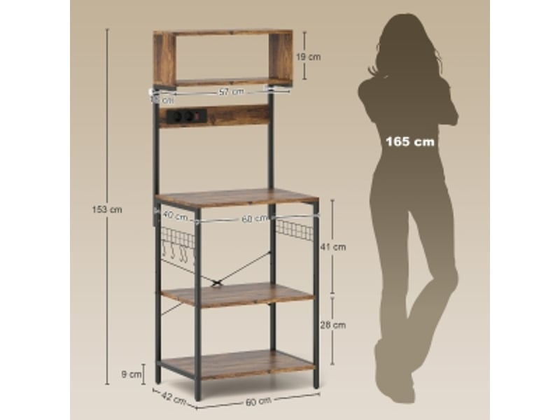  Étagère de cuisine avec prises 60x42x153cm, meuble micro-ondes industriel marron rustique (sans matelas).  - Conforama B