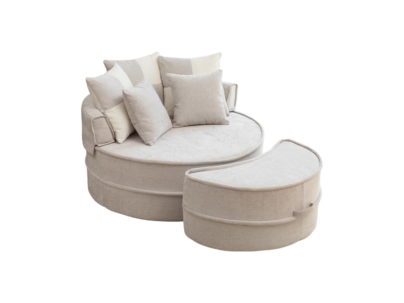  Fauteuil avec pouf rond avec 5 coussins, assise profonde et sans montage, en chenille et mousse gris, 121 × 107 cm  - Conforama A