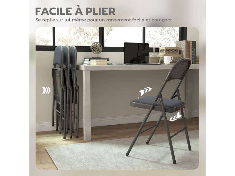  Lot de 4 chaises pliantes et portables intérieur avec assises et dossiers rembourrés en velours, gris foncé, cadre en acier  - Conforama R