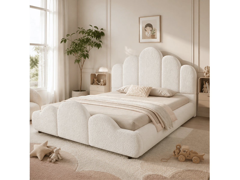  Lit enfant 140 × 200 cm avec tête de lit rembourrée, coins arrondis et structure en bouclé beige pour chambre  - Conforama E