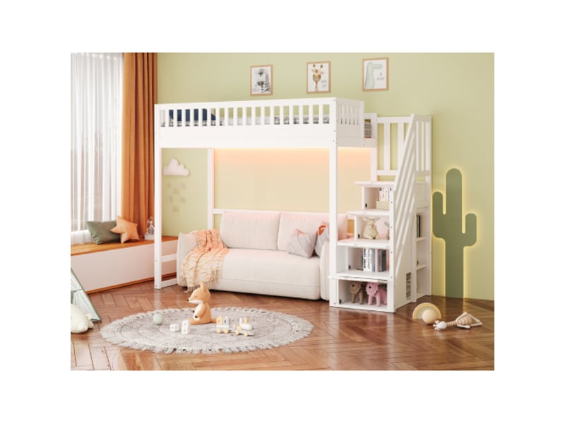 Lit mezzanine 90x200 cm avec escalier de rangement et led, garde-corps de sécurité, en bois, blanc  - Conforama B