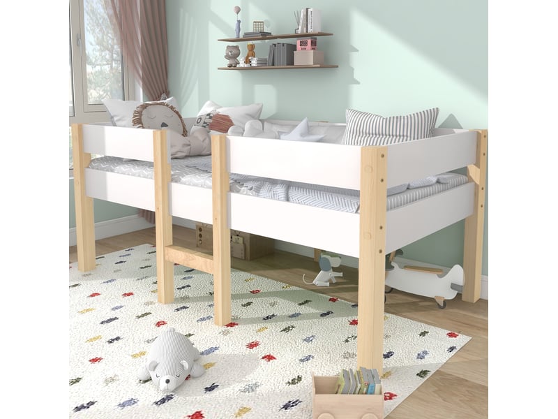  Lit enfant mi-hauteur 90x190 cm avec barrière et échelle, blanc et coloris chêne  - Conforama B
