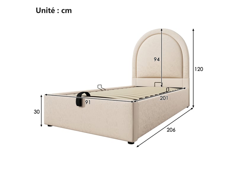  Lit coffre 90x200 cm – lit enfant capitonné avec tête de lit – pu et métal – sans matelas – beige  - Conforama C