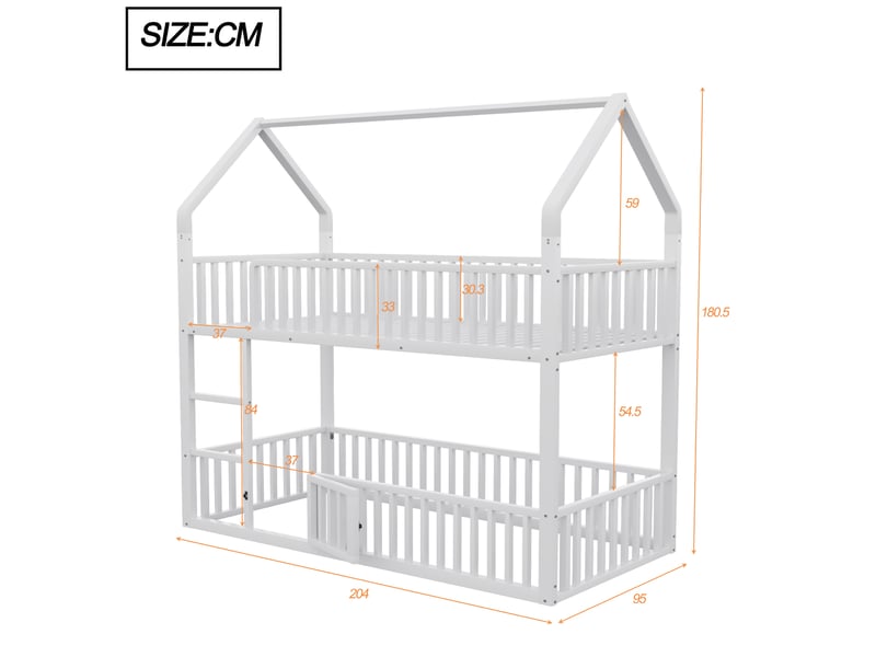  Lit superposé enfant 200×90 cm avec cadre en forme de maison, porte ouvrante, échelle et barrières, en métal blanc  - Conforama D