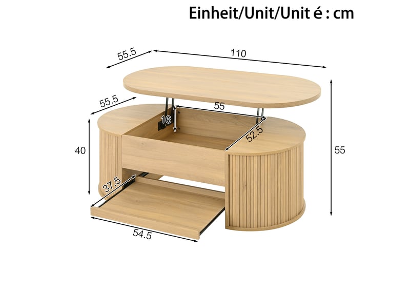  Table basse naturel, rangement, gestion des câbles, étagères réglables, plan relevable - mdf et bois - 110x55.5x40cm - n621p292946o  - Conforama E