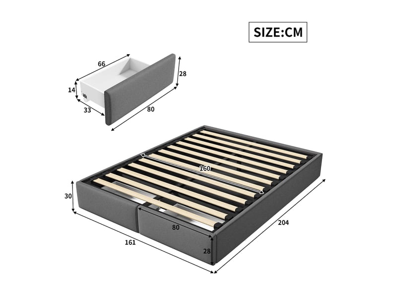 Lit 160 x 200 cm rembourré avec coffre de rangement et 2 tiroirs, lit double hydraulique sans tête de lit, revêtement en lin, gris, sans matelas - Conforama D