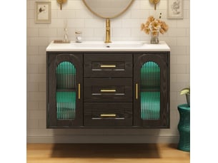 Meuble sous vasque mural 76x46x55 cm noir effet bois avec vasque et led