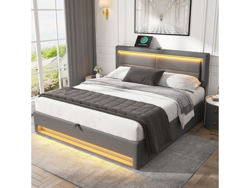  Lit rembourré 140 x 190 cm avec rangement, éclairage led, port usb et recharge filairesans fil, revêtement pu effet litchi, sans matelas - design moderne gris OPULERANE TRADING LTD - Conforama E