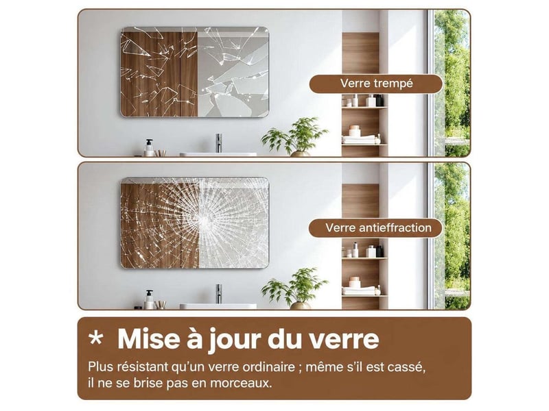 Grand miroir mural horizontal 100x60 cm verre trempé hd anti-éclats pour salle de bain - Conforama C