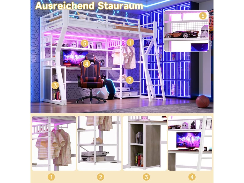 Lit mezzanine avec bureau 90 x 200 cm cadre en fer barre lumineuse prise intégrée rangements étagères espace de suspension des vêtements - Conforama D