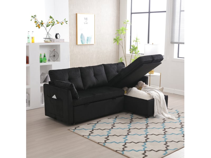  Canapé-lit d’angle tcqpz modulable 3 places avec rangement et lit gigogne 206 x 108 x 66 cm velours côtelé noir  - Conforama E