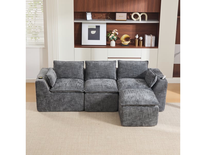 Canapé modulaire 3 places avec coussins, poches latérales et assise à ressorts, en chenille gris foncé - Conforama C