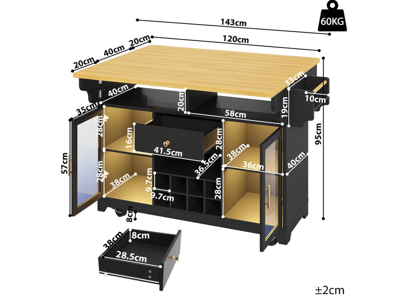 Desserte de cuisine avec 2 portes vitrées, 1 tiroir, led rvb et plateaux rabattables en mdf noir 120 × 80 × 95 cm - Conforama C