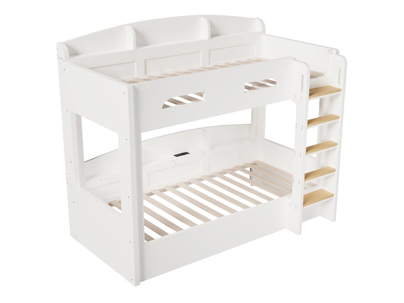 Lit superposé blanc 90x200 cm en pin et mdf, 2 couchages avec étagères de rangement à chaque niveau et prise usb intégrée - Conforama A