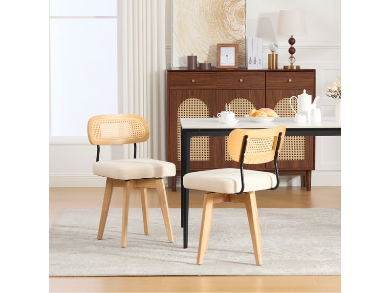 Lot de 2 chaises de salle à manger pivotantes à 360° avec dossier en rotin tressé et assise rembourrée en chenille beige  - Conforama E