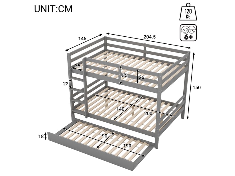 Lit superposé enfant 140×200 cm avec lit gigogne, escalier et barrières hautes - sans matelas, pin gris - Conforama D