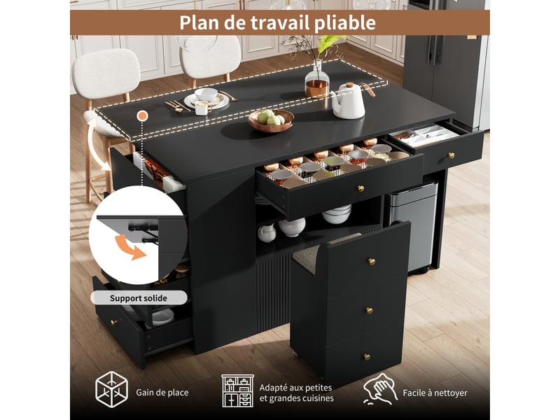  Îlot de cuisine avec 6 tiroirs et tabouret de rangement mobile -  étagères ouvertes, mdf et métal noir, 140 × 40 × 89 cm  - Conforama E