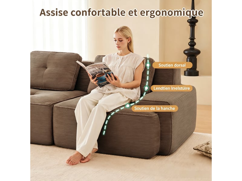 Canapé modulable 3 places avec fonction couchage et 3 poufs, velours côtelé doux, 69 × 382 × 104 cm, marron  - Conforama E