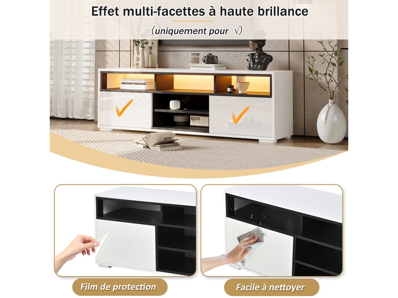  Meuble tv led 150 x 35 x 50 cm brillant, 2 portes et 8 espaces de rangement, idéal pour petit salon  - Conforama D