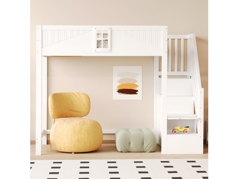  Lit mezzanine 90x200 cm, rangement, échelles latérales interchangeables, bois, blanc, moderne, sécurisé, sans matelas  - Conforama E