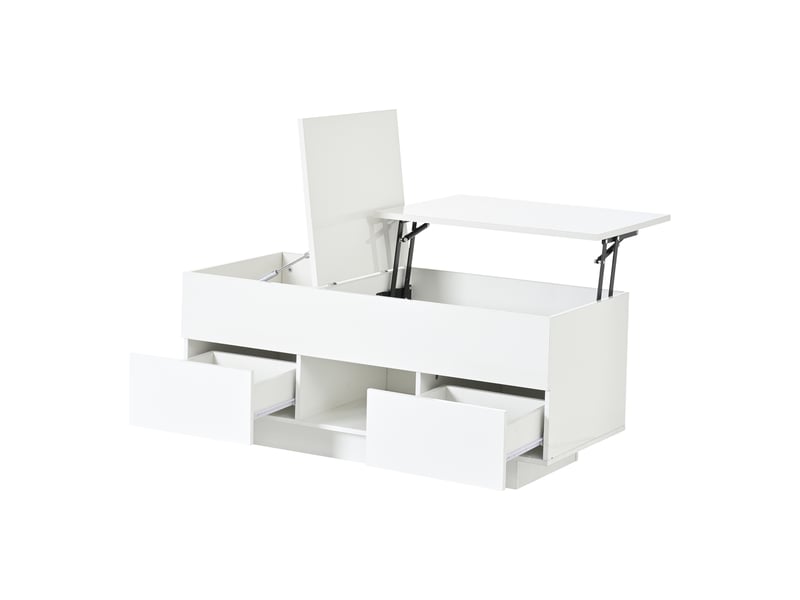  Table basse relevable 100 x 45 x 43 cm avec 2 tiroirs, table d'appoint laquée brillante avec éclairage led, table console, table basse, table de salon avec rangement dissimulé, blanc, panneaux de particules  - Conforama E