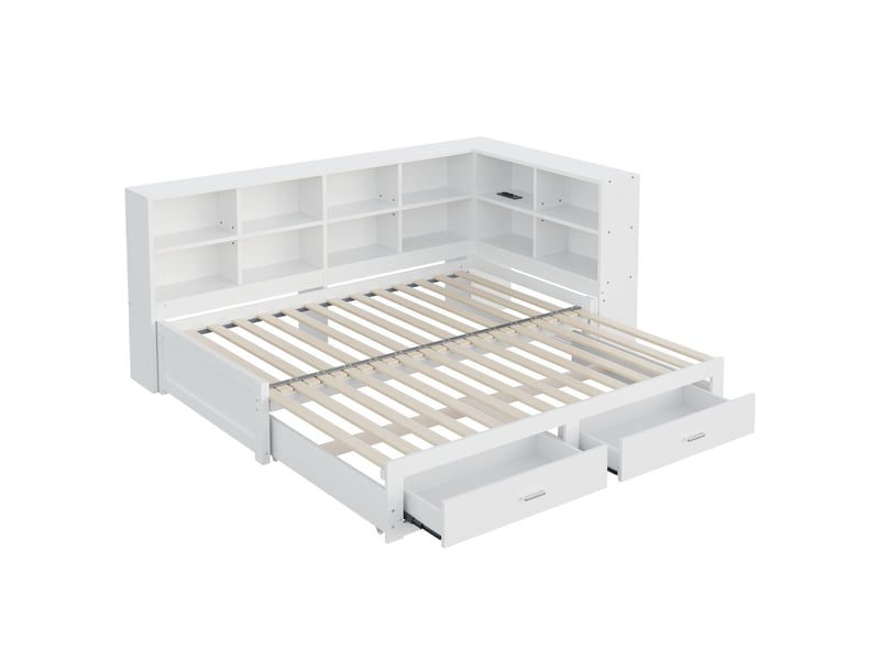  Lit gigogne avec rangement 90180x190cm - 2 tiroirs, multiples étagères et prises - lit gigogne - bois massif, extensible, blanc  - Conforama D