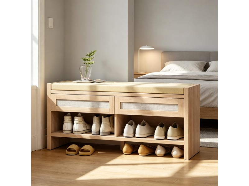 Banc à chaussures beige avec rangement, assise lin, portes rotin, étagère ouverte, entrée  - Conforama B